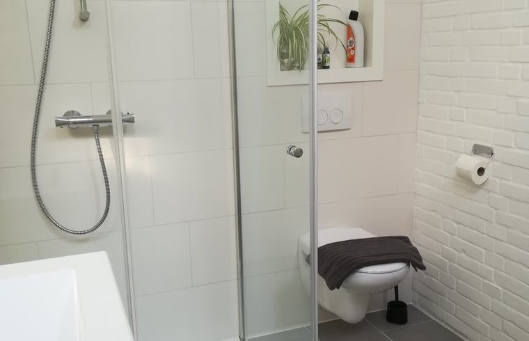 Moderne badkamer in Vakantiehuisje in Ruigahuizen, ideaal voor comfort in Friesland.