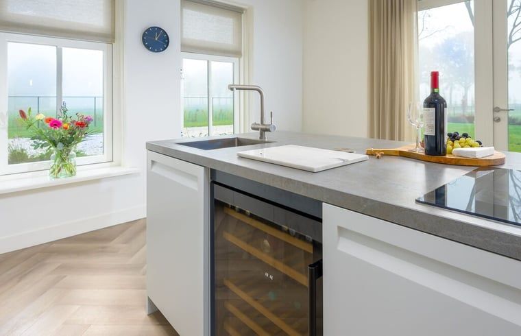 Detail van keuken in vakantiehuisje in Bakkeveen, met uitzicht op de Friese natuur.