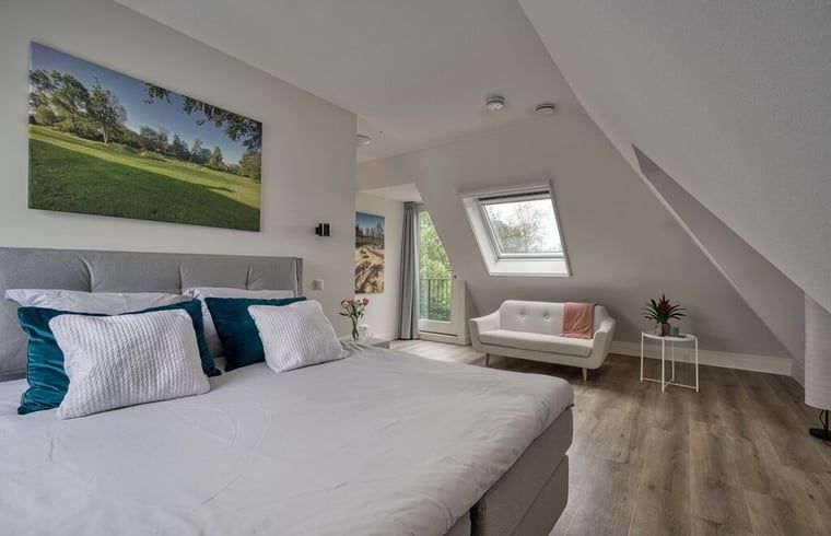 Hoofdslaapkamer in vakantiehuisje in Bakkeveen, met uitzicht op Friese bossen.