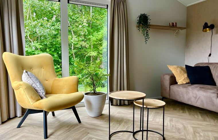 Stilvolles Wohnzimmer im Ferienhaus in Oosterwolde mit Designermoebeln, Friesland.