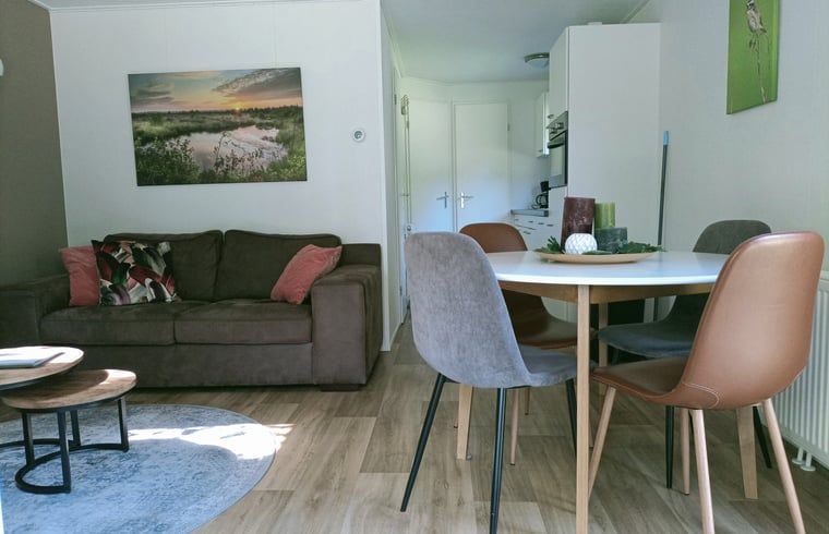 Gemuetliches Wohnzimmer des Ferienhauses in Oosterwolde, Friesland, mit bequemer Sitz- und Essecke in den friesischen Waeldern.