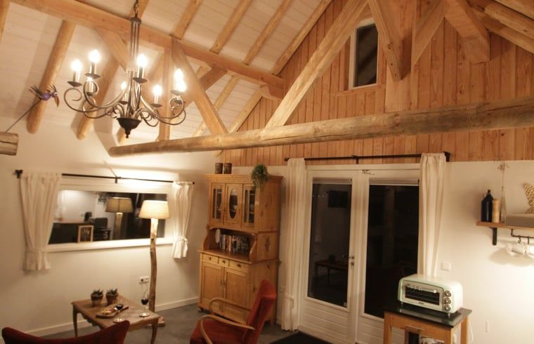 Wooden interior with chandelier in Cottage in Haulerwijk, vacation home in the Frisian woods.
