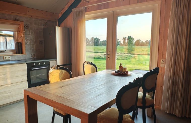 Eetkamer met uitzicht op de natuur in Vakantiehuis in Haulerwijk, Friese bossen.