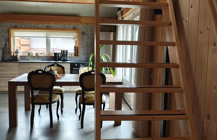 Trap naar bovenverdieping in Vakantiehuis in Haulerwijk, met uitzicht op Friese bossen.