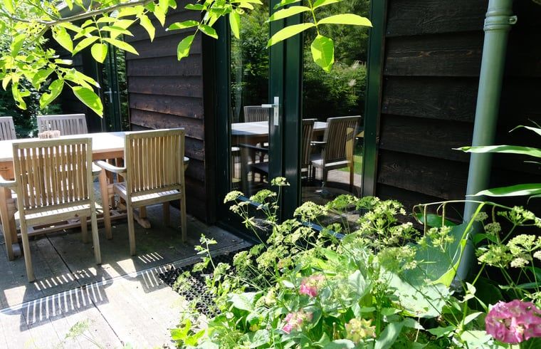 Buitenterras bij Vakantiehuisje in Boijl, ideaal voor een ontspannen maaltijd in de Friese bossen.