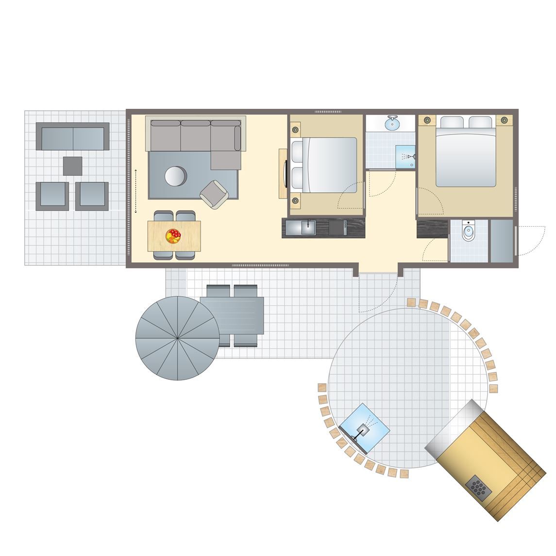 Plattegrond van 4-persoons wellness lodge | 4B3 in Oudehaske, gelegen op het Friese platteland, Friesland. Comfortabele indeling met terras en jacuzzi.