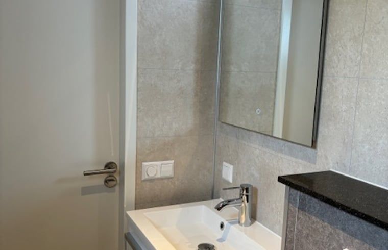 Moderne badkamer met wastafel in Vakantiehuis in Blesdijke, ideaal voor comfort.