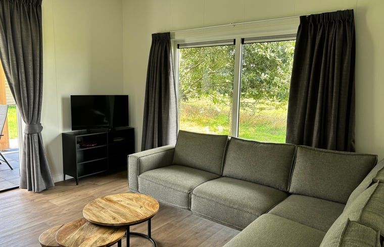 Gezellige woonkamer met uitzicht op natuur in Vakantiehuis in Blesdijke, Friesland.