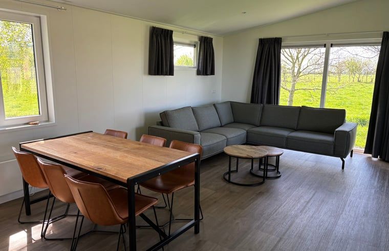 Ruime woonkamer met eetgedeelte in Vakantiehuis in Blesdijke, perfect voor ontspanning.