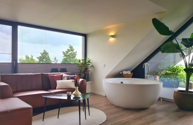 Luxe interieur in Vakantiehuisje in Westhem met vrijstaand bad en uitzicht op het Friese platteland, Friesland.