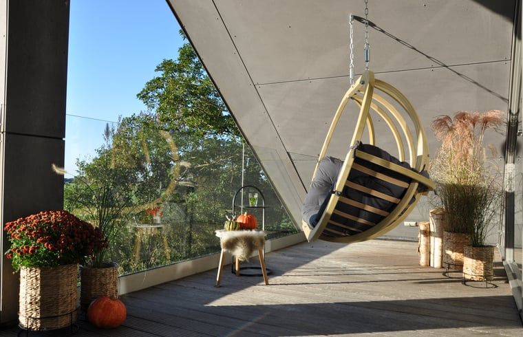 Rustieke veranda met hangstoel in Vakantiehuisje in Westhem, omgeven door natuur, Friesland.