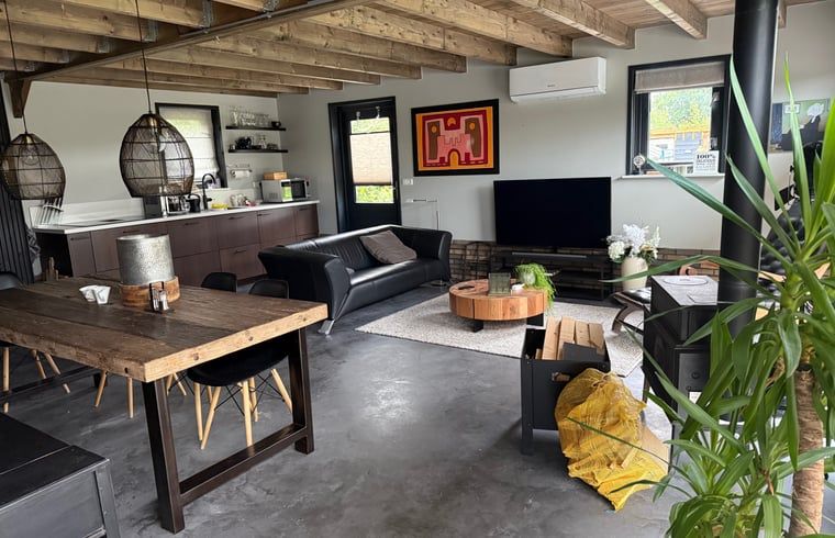 Moderne woonkamer in Vakantiehuis in Surhuisterveen met leren bank, Friesland.