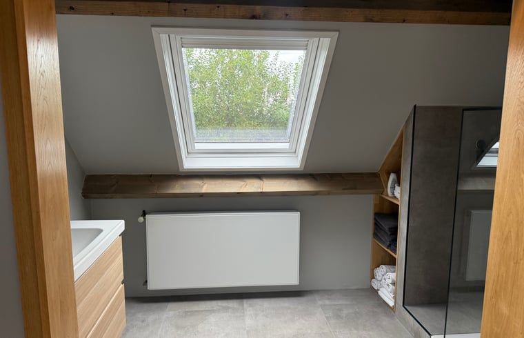 Badkamer met uitzicht in Vakantiehuis in Surhuisterveen, serene omgeving, Friesland.