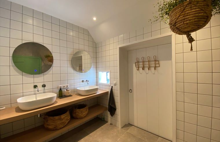 Moderne badkamer in Vakantiehuis in De Hoeve, Friesland, met dubbele wastafel.