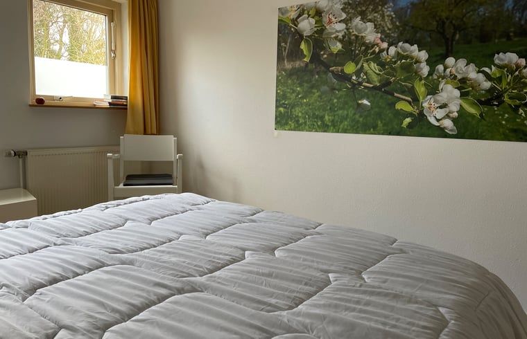 Schlafzimmer im Ferienhaus in Hegebeintum, mit bequemem Bett und beruhigender Naturdekoration.