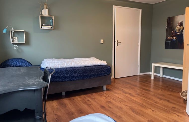Geraeumiges Schlafzimmer im Ferienhaus in Hegebeintum, Friesland, mit Holzboden und moderner Einrichtung.
