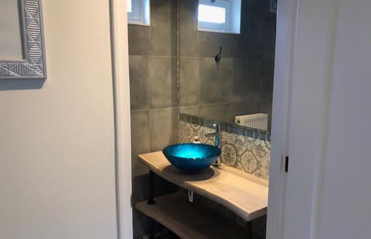 Elegante wastafel met blauwe kom in Vakantiehuisje in Bartlehiem op het Friese platteland.