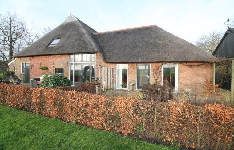 Huisje in Readtsjerk, een charmant vakantiehuis op het Friese platteland van Friesland, met rieten dak en groene omgeving.