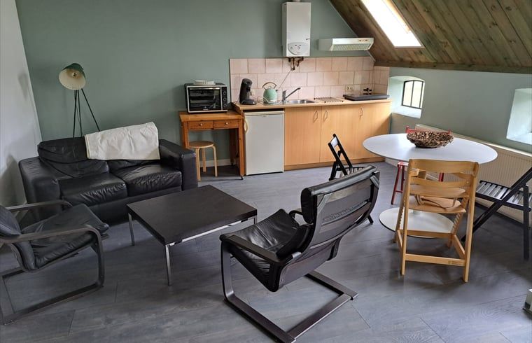 Open keuken en zithoek in Huisje in Wommels, vakantiehuis in Friesland.