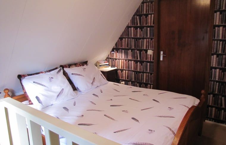 Knusse slaapkamer in Huisje in Twijzelerheide, vakantieaccommodatie in Friesland met boekenbehang.