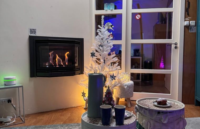 Gemuetlicher Innenbereich des Ferienhauses in Boksum, Friesland, mit stimmungsvollem Kamin und festlicher Dekoration in der friesischen Landschaft.