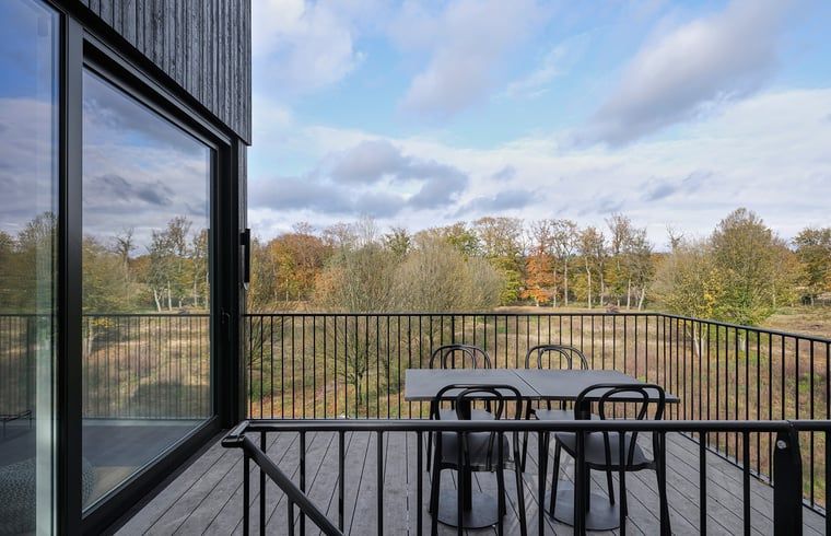 Terrasse eines Ferienhauses in Arnheim mit Blick auf die bunten Herbstbaeume in Gelderland.