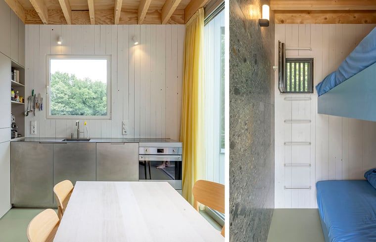 Kueche und Schlafbereich des Ferienhauses in Arnheim, modern und funktionell in Gelderland.