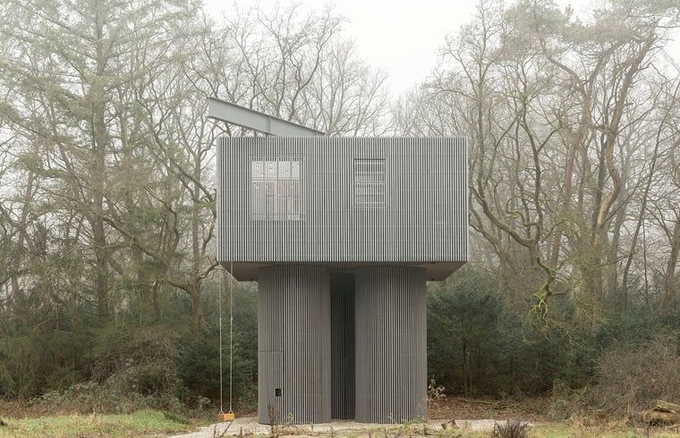 Ferienhaus in Arnheim in einer nebligen Waldlandschaft in Gelderland, Rivierengebied.