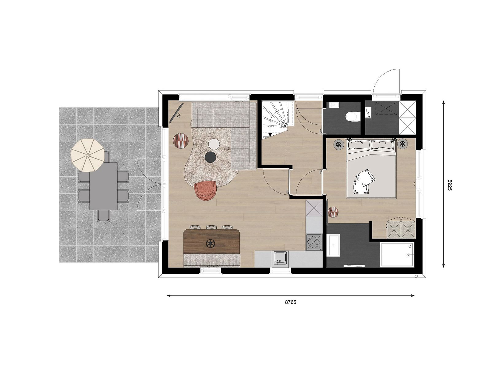 Plattegrond van de begane grond van de Vrijstaande woning in Eck en Wiel, Gelderland, met terras.