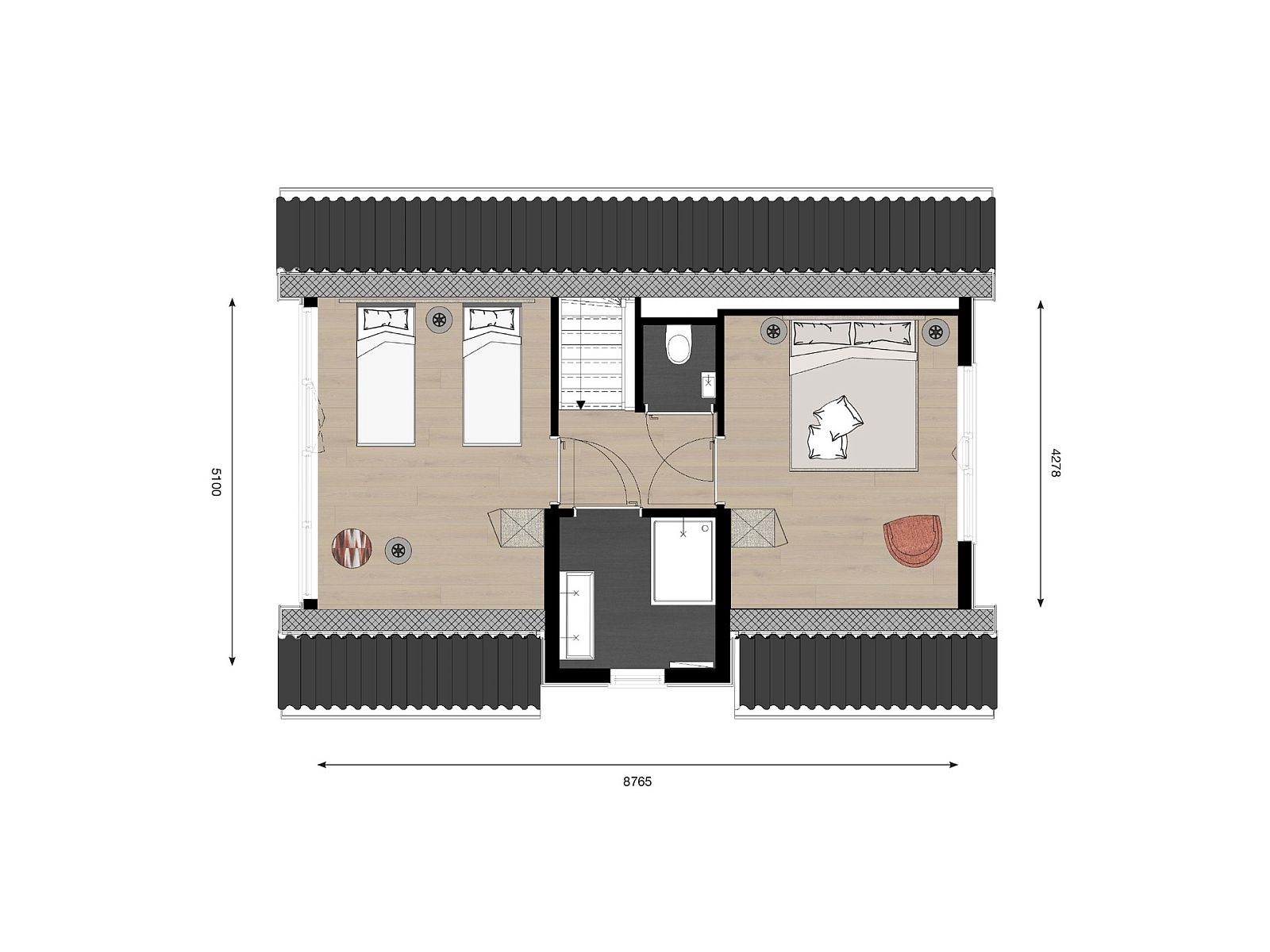 Bovenverdieping plattegrond van de Vrijstaande woning in Eck en Wiel, Gelderland, met slaapkamers.