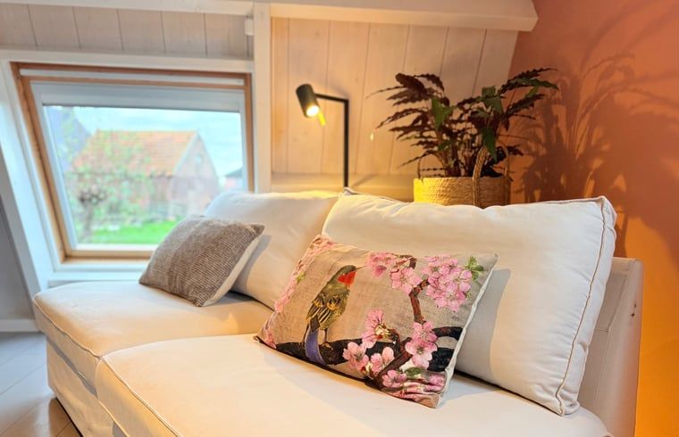 Gezellige woonkamer in Huisje in Acquoy, vakantiehuis in het Rivierengebied, Gelderland, met comfortabele bank en sfeervolle decoratie.