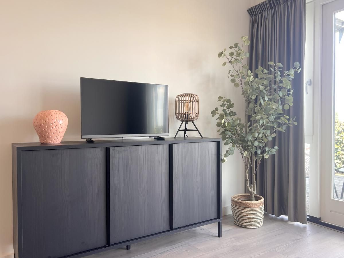 TV-Schrank mit dekorativen Elementen im Ferienhaus Havenzicht, Maasbommel, Rivierengebied, Gelderland.