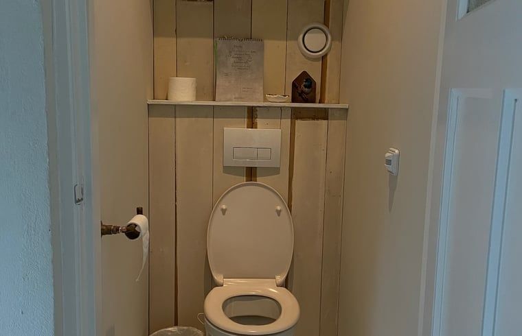 Rustiek toilet in vakantiehuisje in Neerijnen, met houten details in het Rivierengebied.