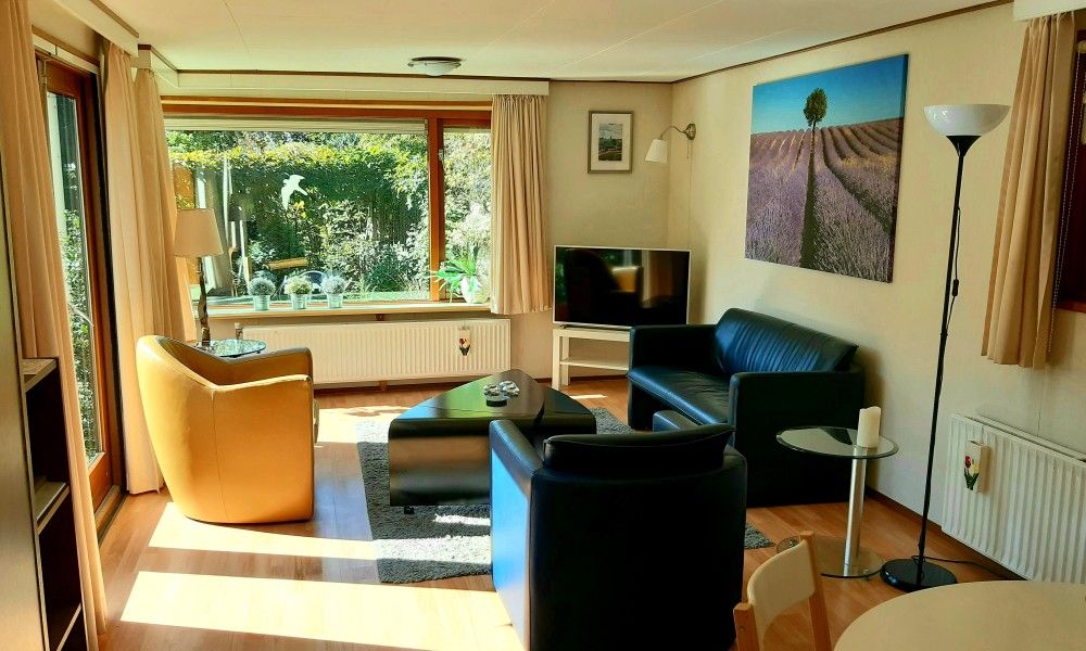 Gezellige woonkamer van Boshuisje 'de Wielewaal' in Winterswijk, Achterhoek. Vakantiehuis met comfortabel interieur en tuinzicht.