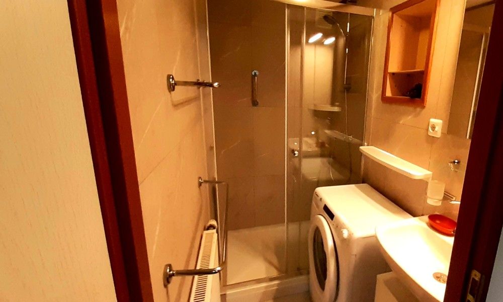 Moderne badkamer in Boshuisje de Wielewaal, vakantiehuis in Winterswijk, Achterhoek, Gelderland met douche en wasmachine.