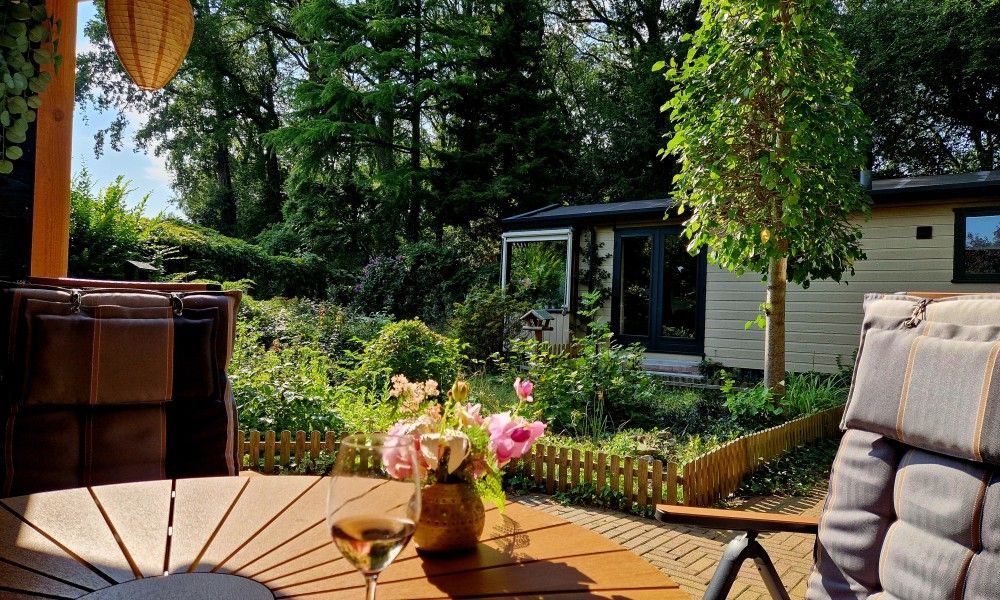 Ontspan op het terras van Boshuisje de Wielewaal in Winterswijk, omgeven door de groene natuur van de Achterhoek in Gelderland.