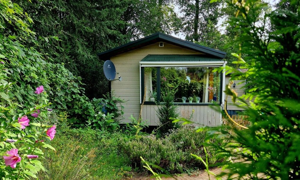 Ingang van Boshuisje de Wielewaal in Winterswijk, Achterhoek, omgeven door weelderige natuur en groene veranda.