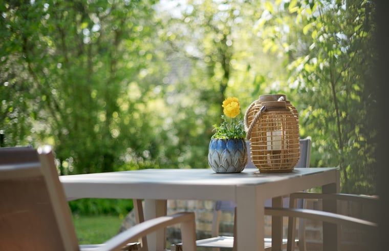 Gezellig gedekte tafel op het terras van Vakantiehuisje in Winterswijk, Achterhoek.