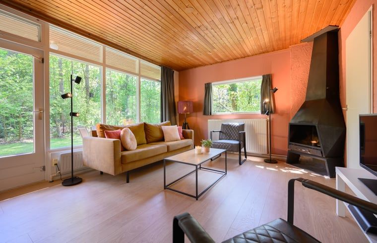 Zithoek met open haard in Vakantiehuisje in Winterswijk, Achterhoek, Gelderland.