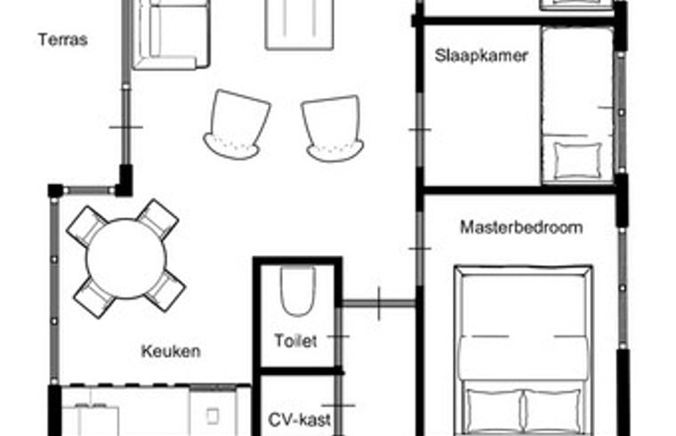 Plattegrond van Vakantiehuisje in Winterswijk, met overzicht van kamers en terras.