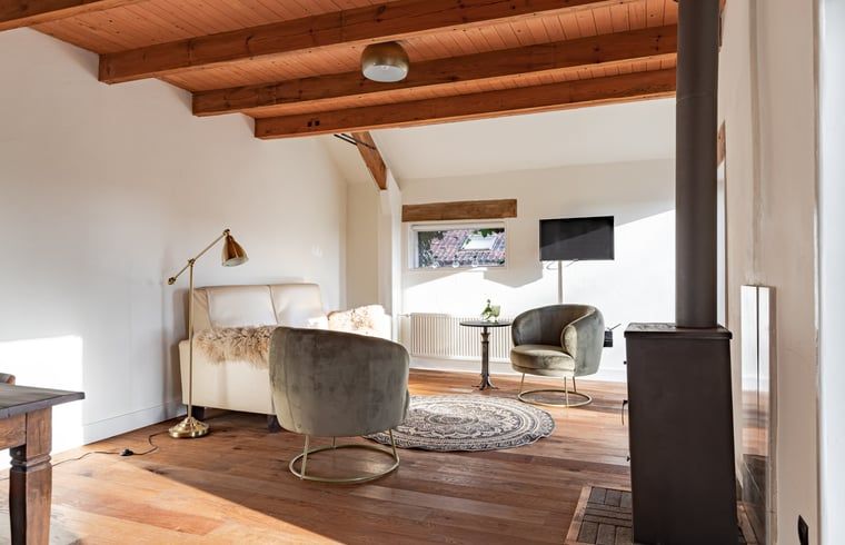 Cozy sitting area in Cottage in Halle, Achterhoek. Vacation home with modern furnishings and views of nature in Gelderland.