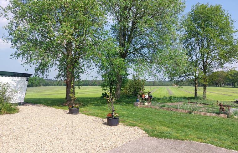 Geniessen Sie die Aussicht auf gruene Felder vom Ferienhaus in Zelhem, das im schoenen Achterhoek, Gelderland, liegt.
