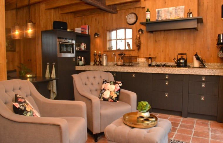 Gezellige binnenruimte van Vakantiehuisje in Ruurlo, Achterhoek, Gelderland met knusse zithoek en moderne keuken.