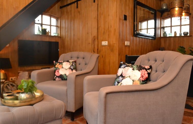Gezellige woonkamer van Vakantiehuisje in Ruurlo, Achterhoek, Gelderland met comfortabele stoelen en houten interieur.