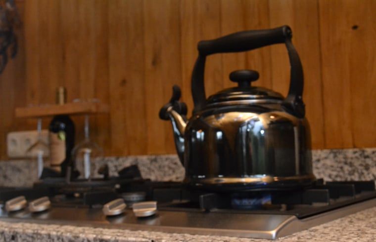 Gezellige keuken in Vakantiehuisje in Ruurlo, Achterhoek, met een klassieke fluitketel op het fornuis voor een huiselijke sfeer.