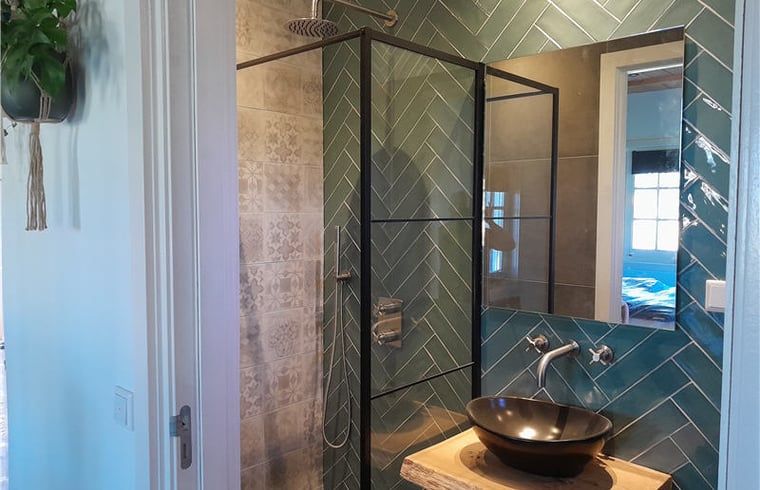 Modern bathroom in Cottage in Westendorp, bed and breakfast in Westendorp, with stylish shower and sink.