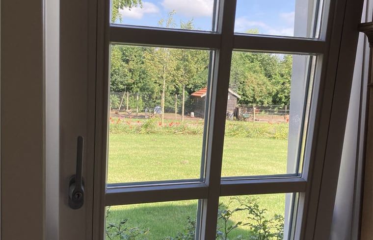 Beautiful view from Huisje in Westendorp, bed and breakfast in the Achterhoek, with green fields and trees.