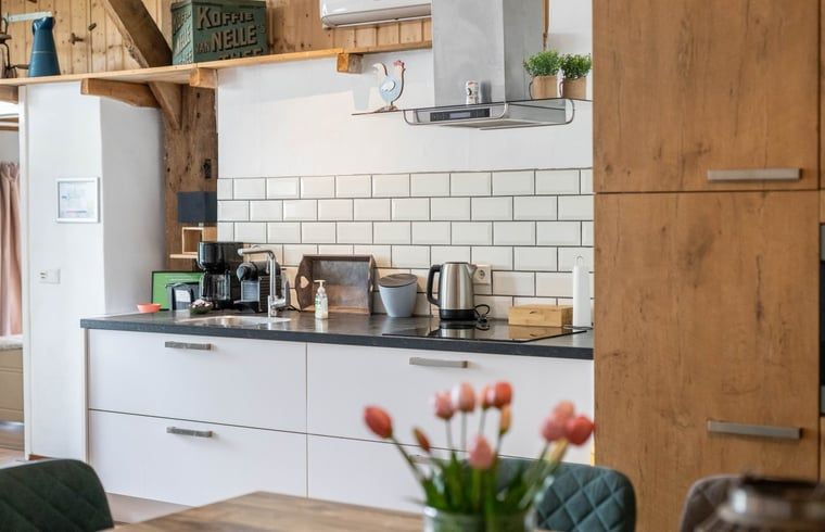 Keuken in Huisje in Aalten, vakantiehuis in de Achterhoek, met open planken en landelijke stijl.