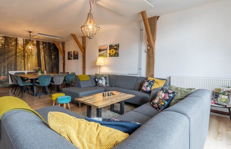 Ruime woonkamer in Huisje in Aalten, vakantiehuis in de Achterhoek, met comfortabele banken en gezellige sfeer.