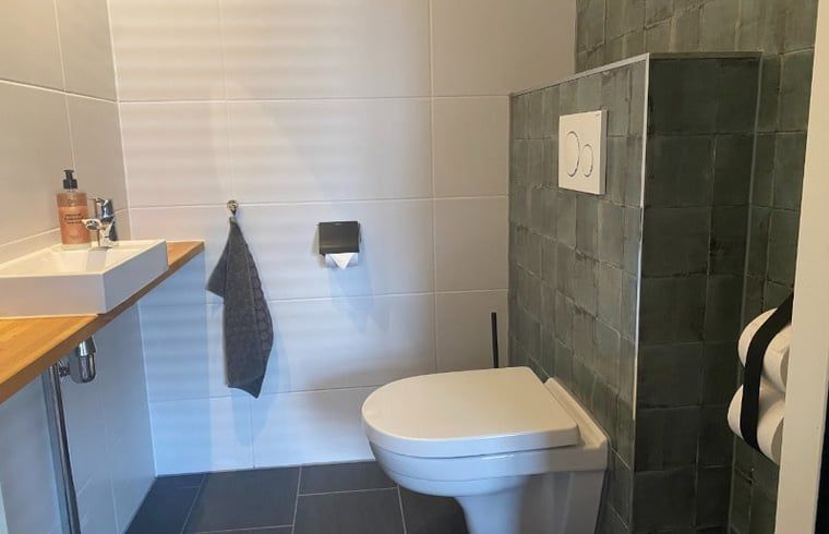 Modernes Badezimmer im Haus in Laren, Achterhoek, Gelderland, Ferienhaus mit glatten Fliesen und stilvollen Sanitaeranlagen.